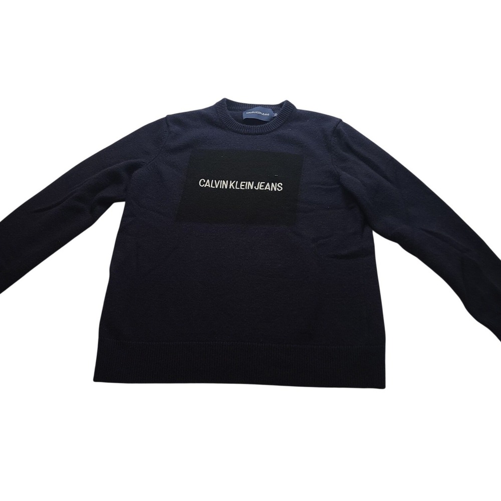 Calvin Klein Jeans Men's Navy Blue Logo Patch Crewneck Knit Sweater Large